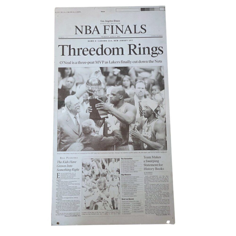 Vintage LA Times Printing Plate NBA Finals: Threedom Rings - June 13, 2002